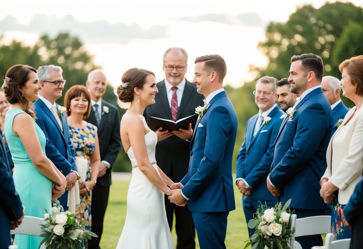 A couple stands facing each other, surrounded by family and friends. A minister officiates the ceremony, speaking words of love and commitment