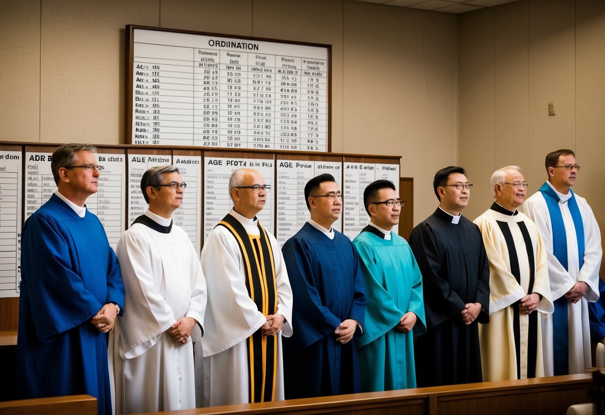 A group of individuals of various ages stand before a panel, some in robes, as they undergo an ordination process. A chart on the wall shows variances in age for ordination