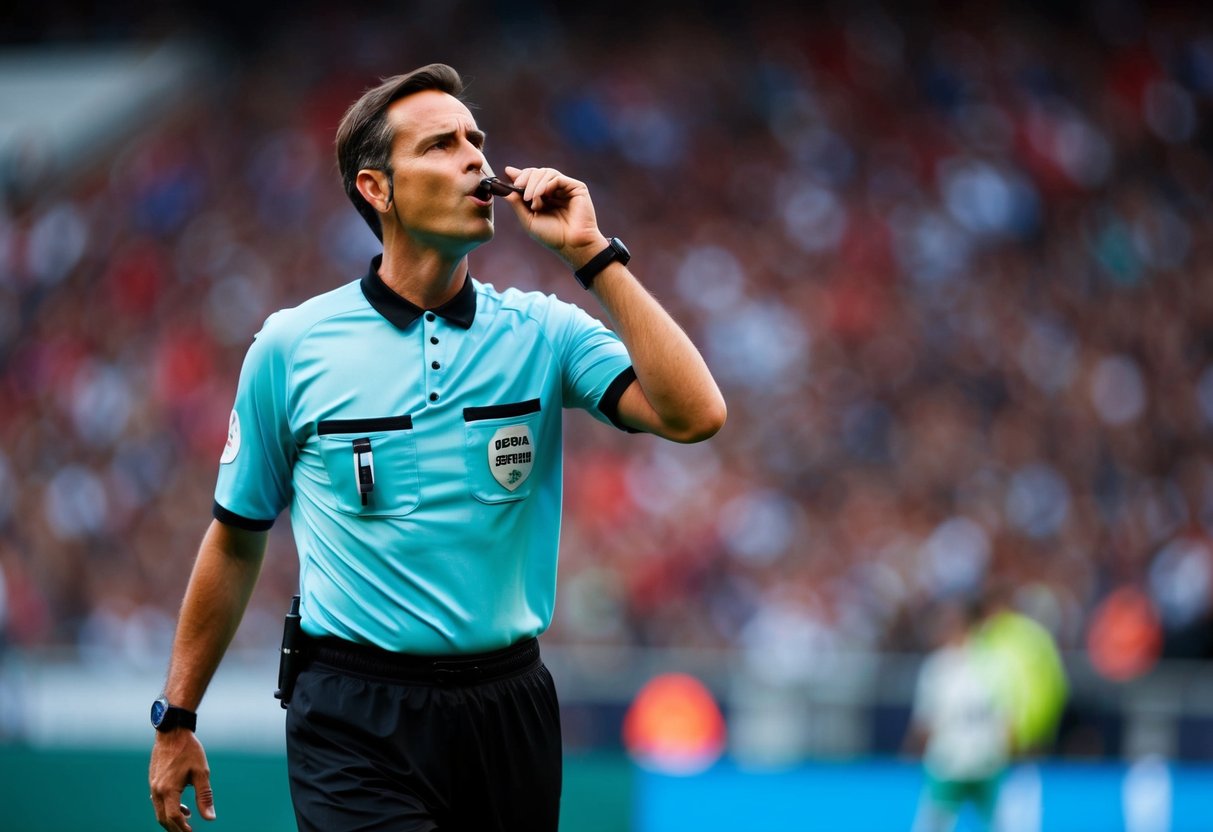 A referee blowing a whistle during a soccer match