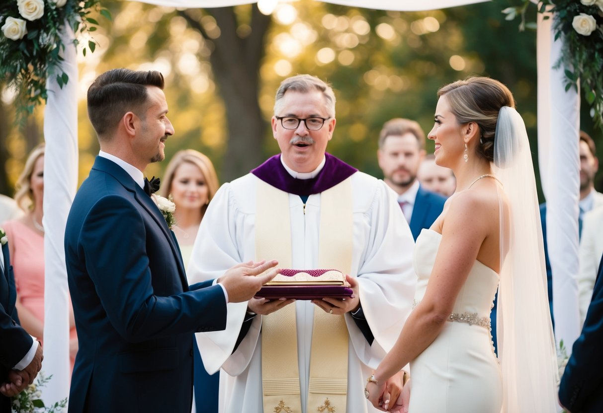 An officiant standing at the front of a ceremony, holding a ceremonial object and speaking to the couple in front of them