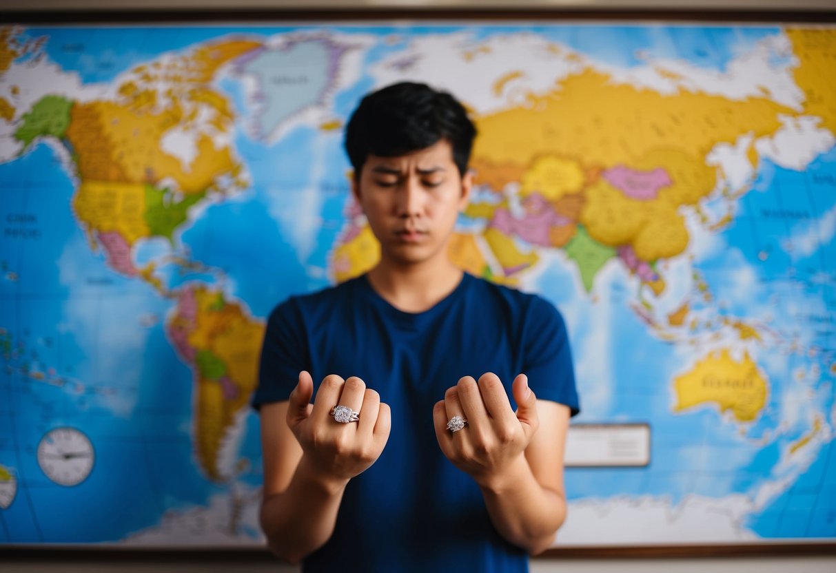 A person standing in front of a world map with two wedding rings, one on each hand, looking conflicted