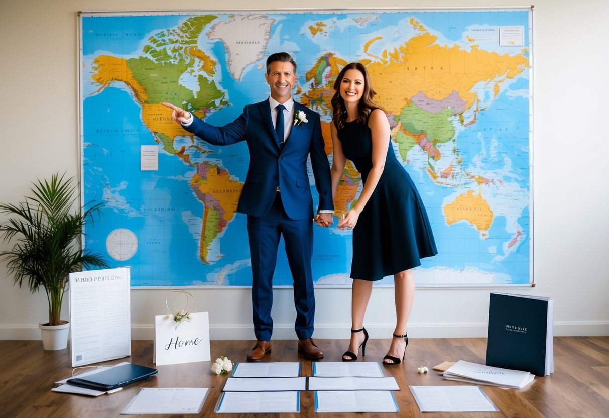 A couple standing in front of a world map, one pointing to their home country while the other points to their partner's country. They are surrounded by wedding planning materials