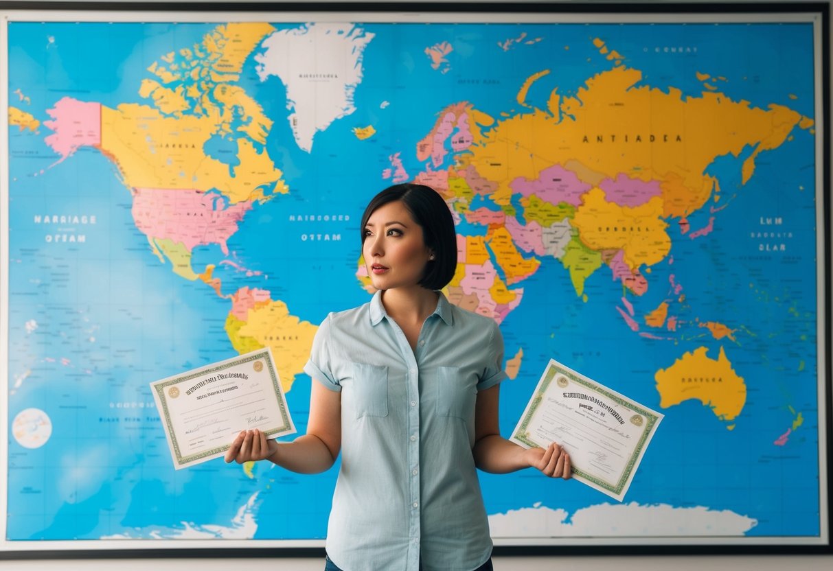 A person standing in front of a world map, with two marriage certificates from different countries in hand, looking confused