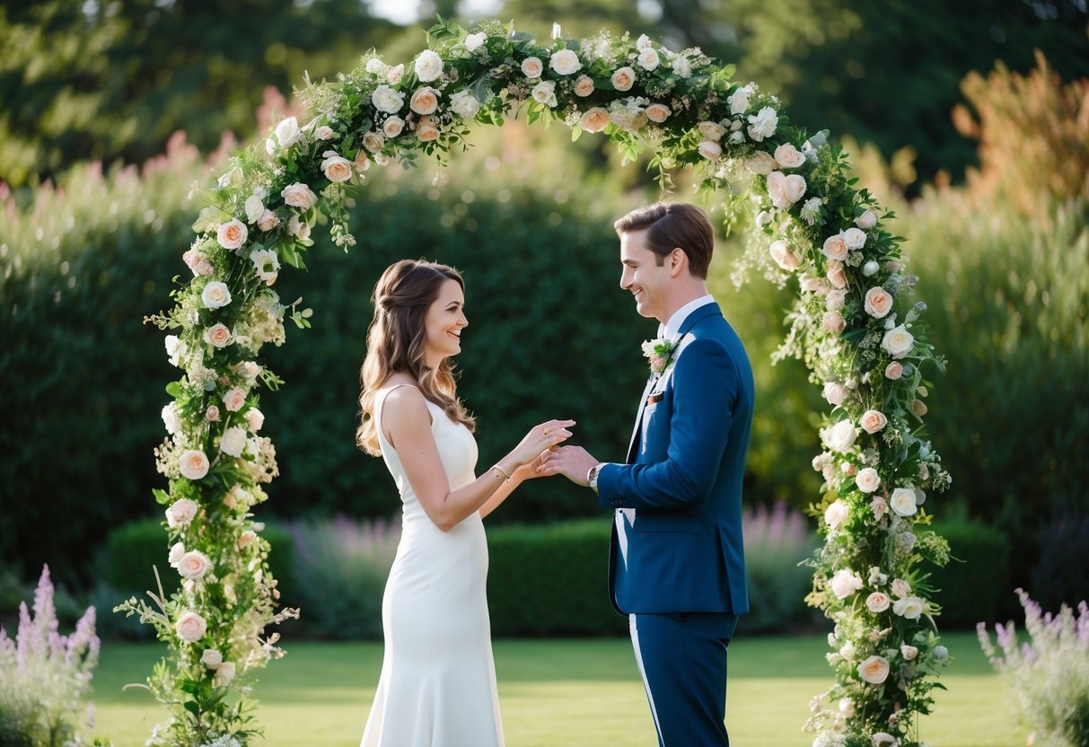 A couple stands beneath a floral arch, exchanging rings in a peaceful garden setting