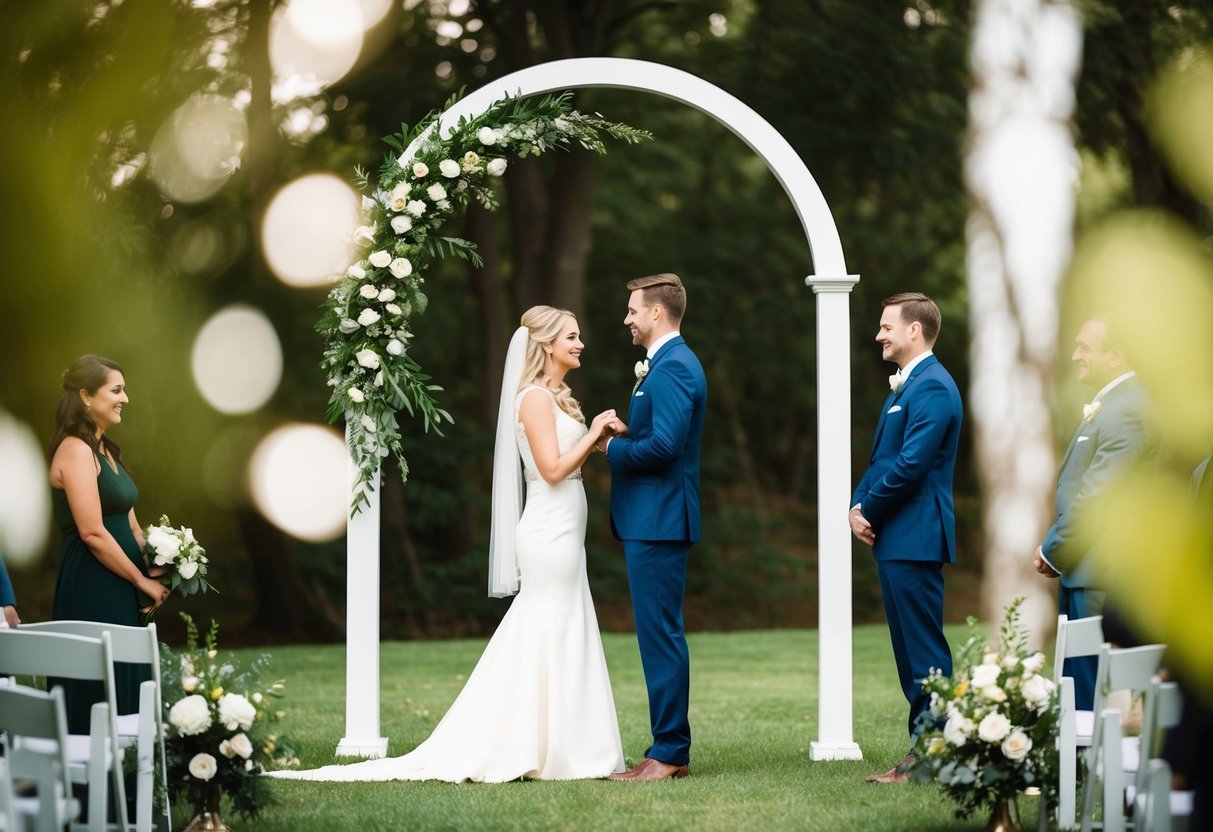 A couple standing under a simple archway exchanging vows, surrounded by nature