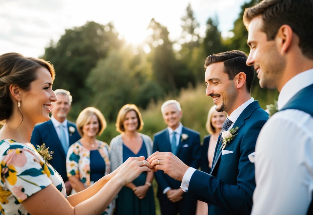 A couple exchanging rings in front of a small gathering of loved ones, with a beautiful natural backdrop