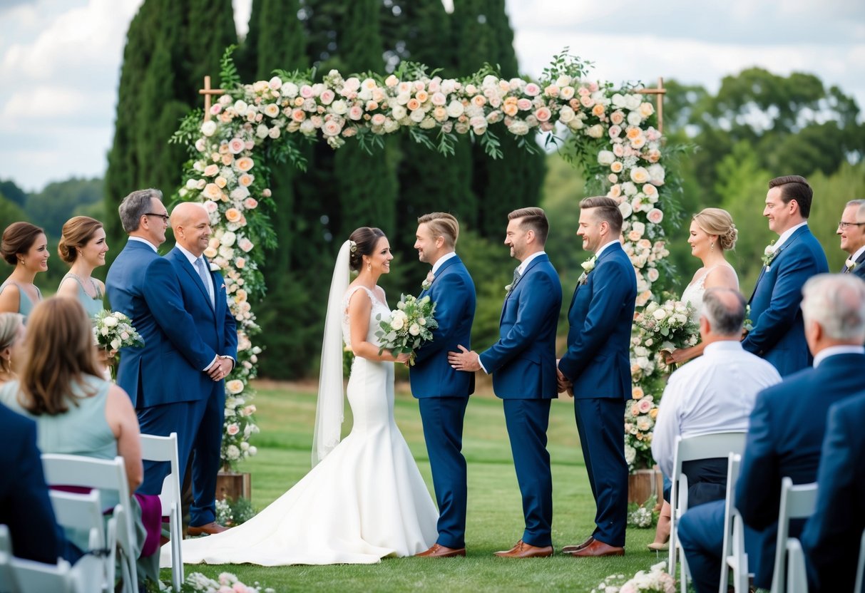 An outdoor wedding ceremony with a couple standing under a floral arch, surrounded by family and friends