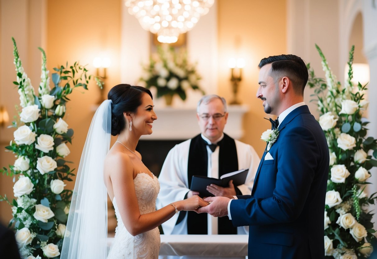 A wedding officiant standing at the altar, presiding over a ceremony with a couple exchanging vows in a beautifully decorated venue