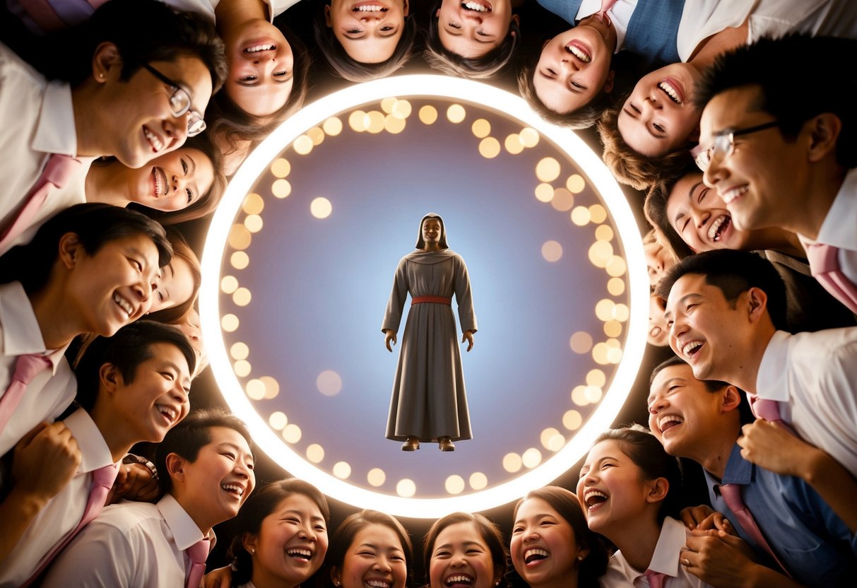 A single figure stands in the center of a circle of light, surrounded by adoring faces and joyful laughter