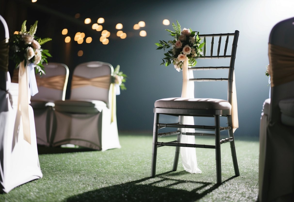 A spotlight shines on a solitary empty chair adorned with flowers and a sash, set apart from the other seating