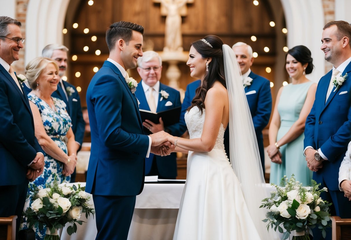 A bride and groom standing at the altar, surrounded by family and friends, exchanging vows and rings
