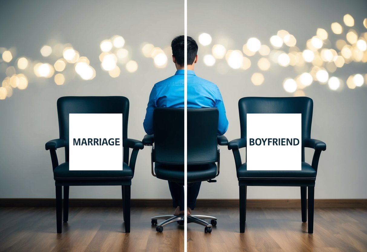 A married person sitting between two chairs, one labeled "marriage" and the other "boyfriend," with a clear boundary separating the two
