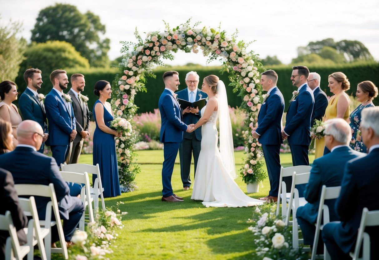 A couple stands under a floral arch in a garden, surrounded by friends and family, exchanging vows in a non-religious wedding ceremony