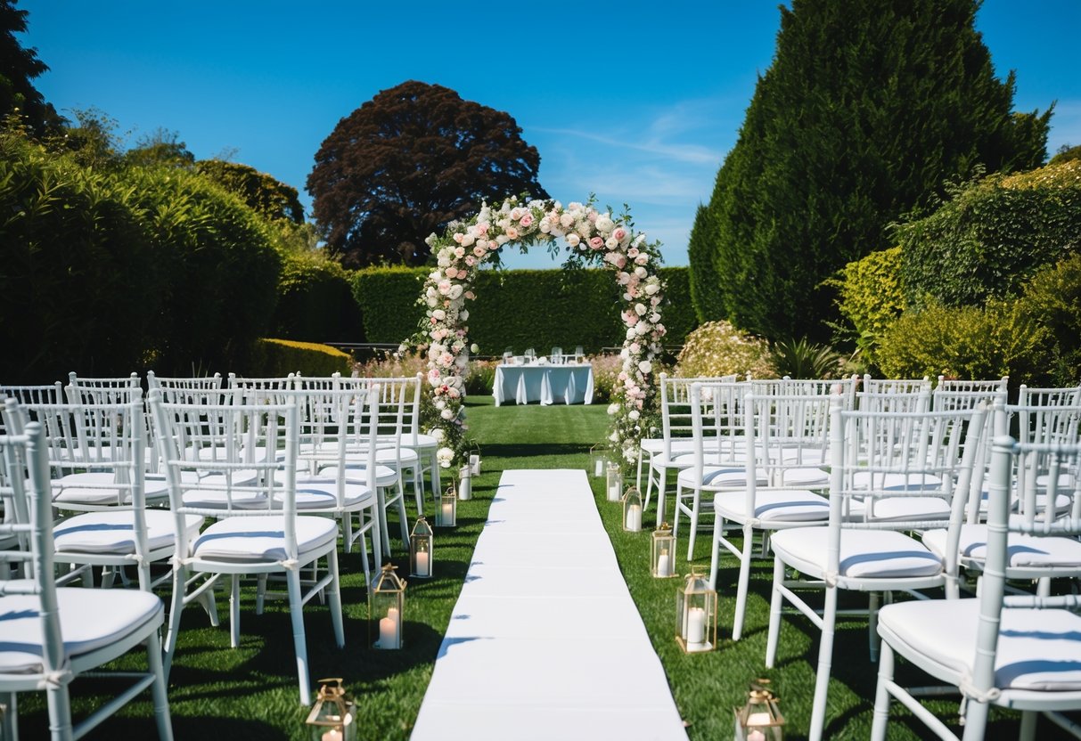 An outdoor wedding ceremony set in a lush garden with a floral arch and rows of white chairs, under a clear blue sky