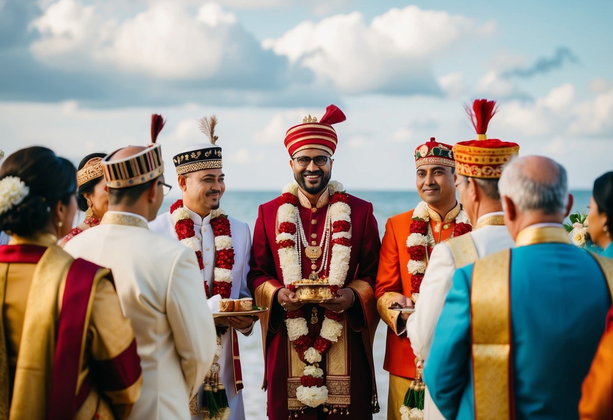A diverse wedding ceremony with various cultural symbols and traditions