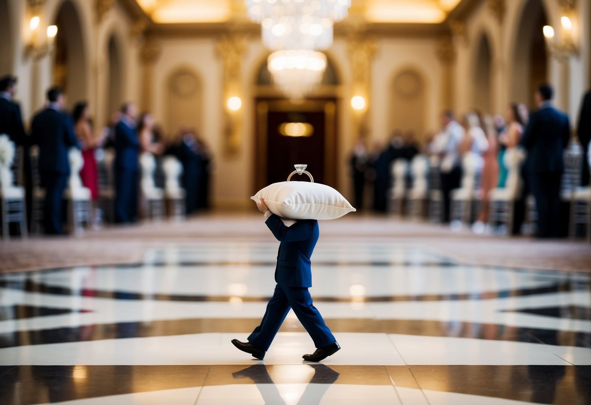 A small figure carries a cushion with a ring on it, standing in the center of a grand, ornate wedding venue