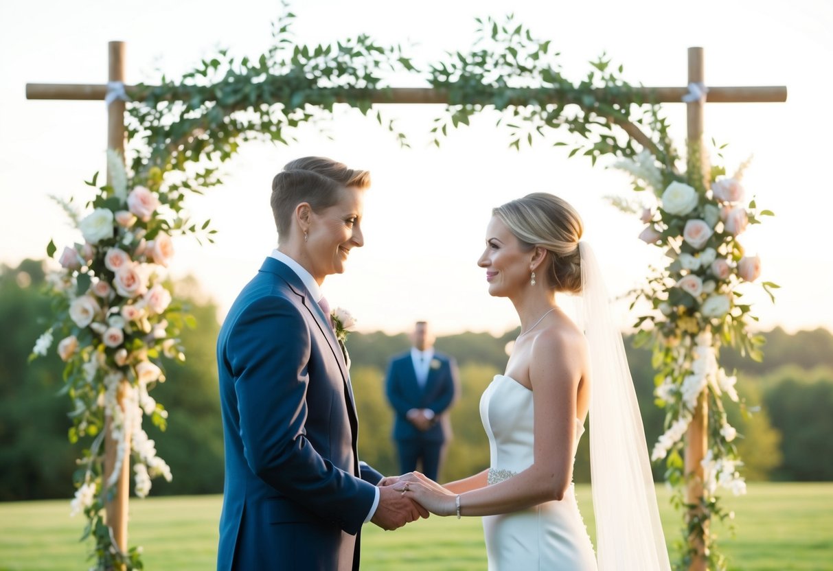 A serene outdoor setting with floral decorations and a couple exchanging vows under a simple archway
