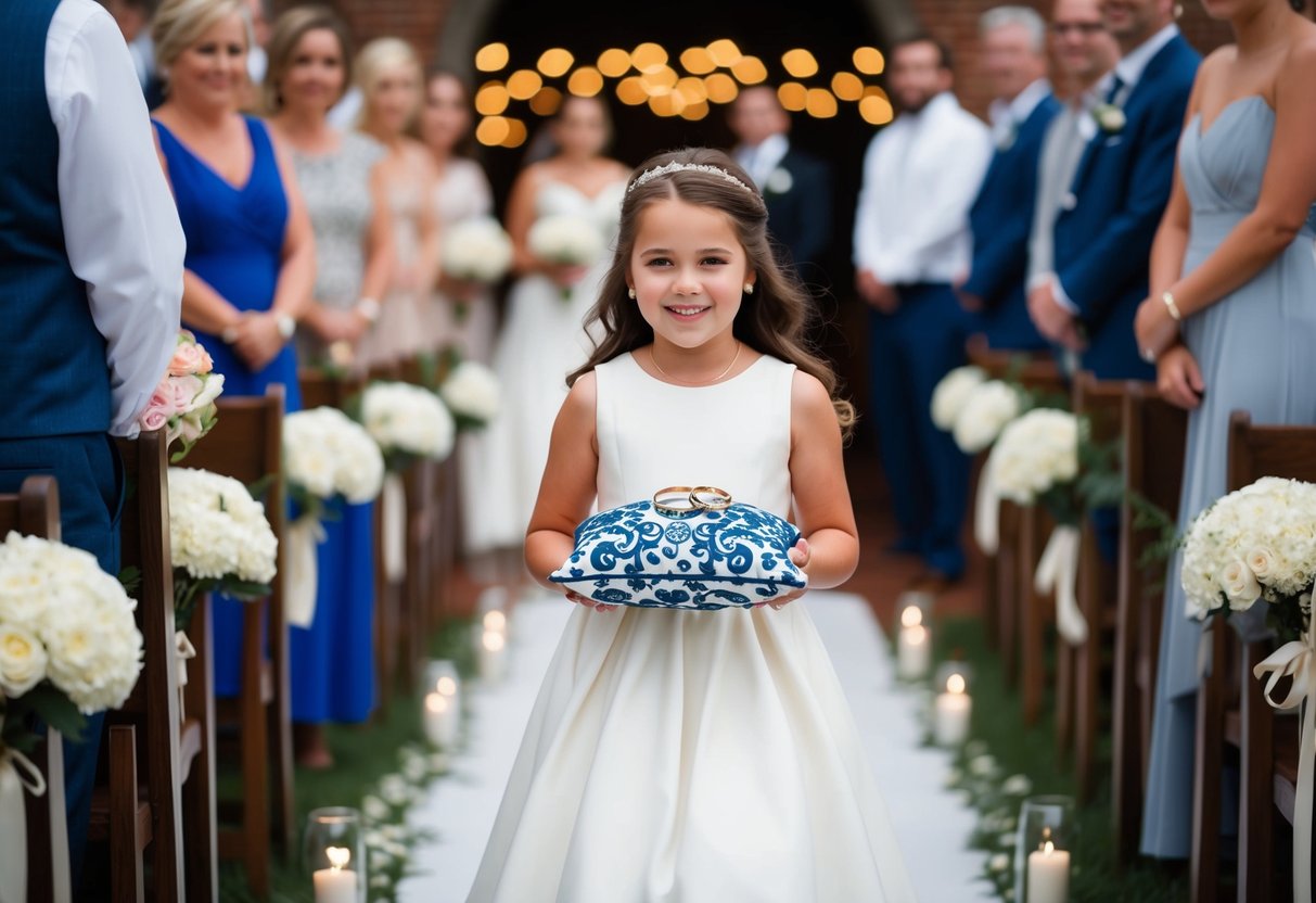 A young girl wearing a white dress holds a decorative pillow with wedding rings on it, walking down the aisle in a joyful and confident manner