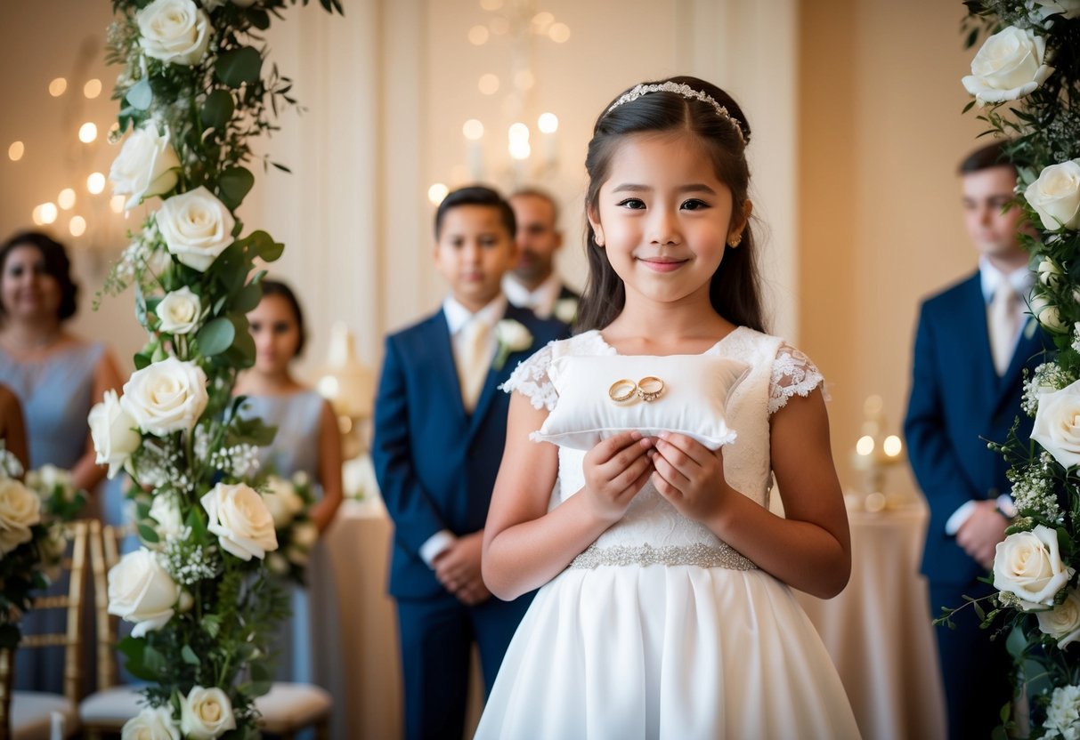 A young girl stands proudly, holding a small pillow with a pair of wedding rings tied to it, surrounded by the elegant decor of a wedding ceremony