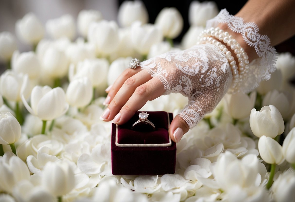 A small, delicate hand reaches for a velvet ring box nestled in a bed of soft, white petals. A dainty lace glove adorns the wrist, and a delicate pearl bracelet glimmers in the soft light
