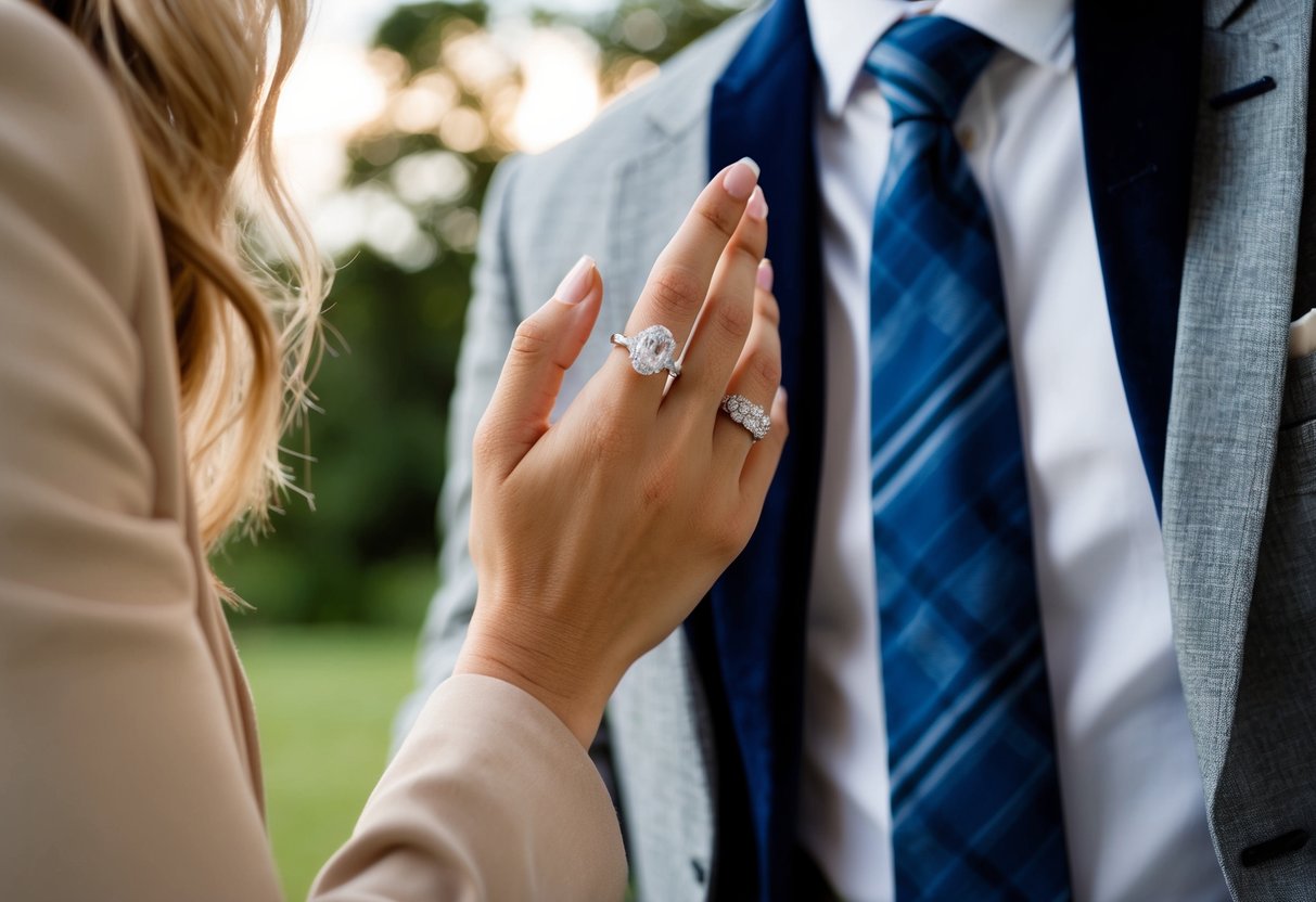 A woman's hand holding a wedding ring while standing next to a man's jacket and tie on a chair