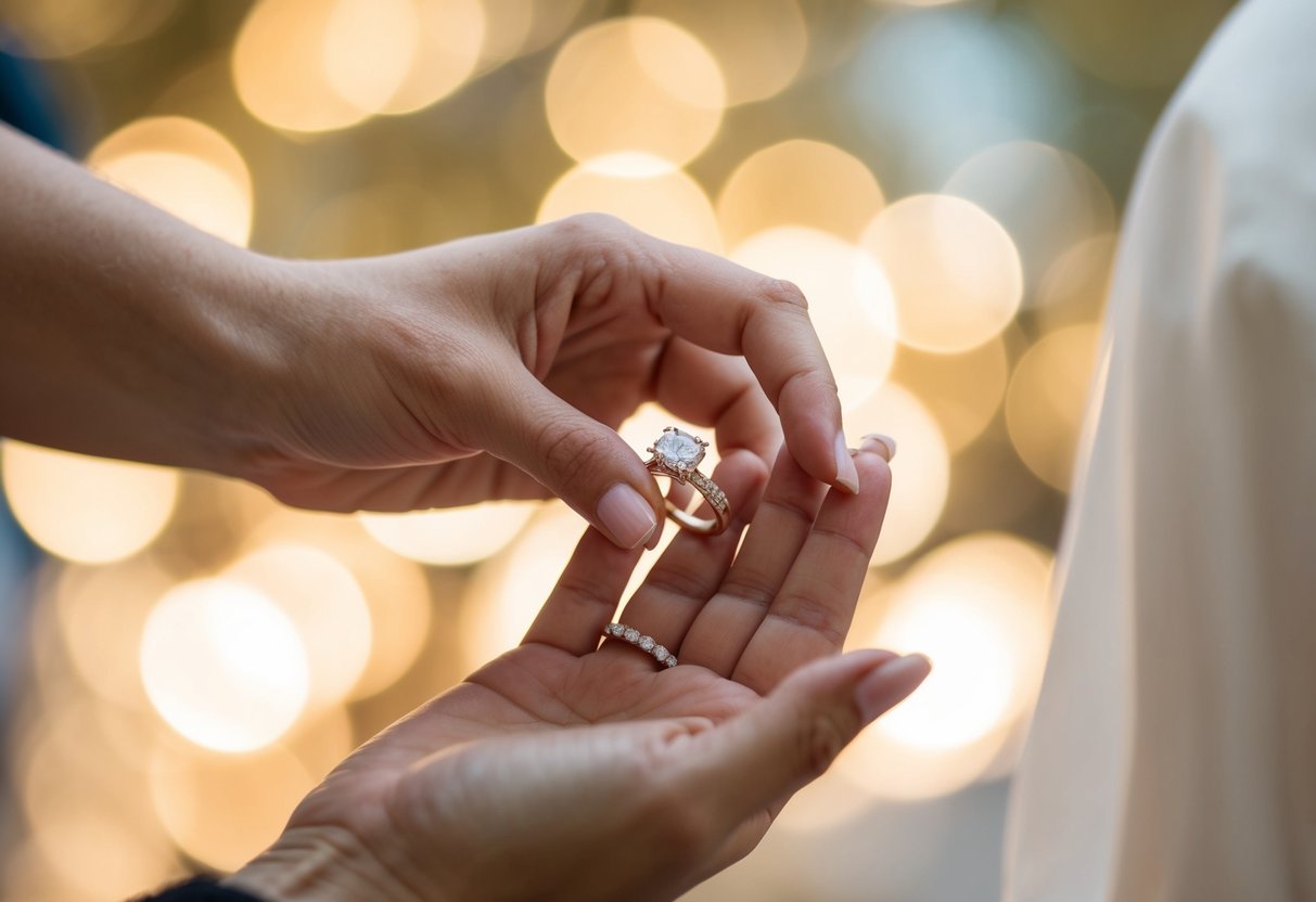 A woman's hand placing a wedding ring on a finger