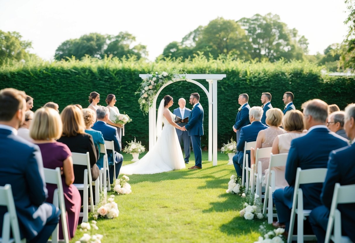 A non-religious wedding ceremony lasts approximately 20-30 minutes. The setting is a serene outdoor garden with a simple arch and seating for guests
