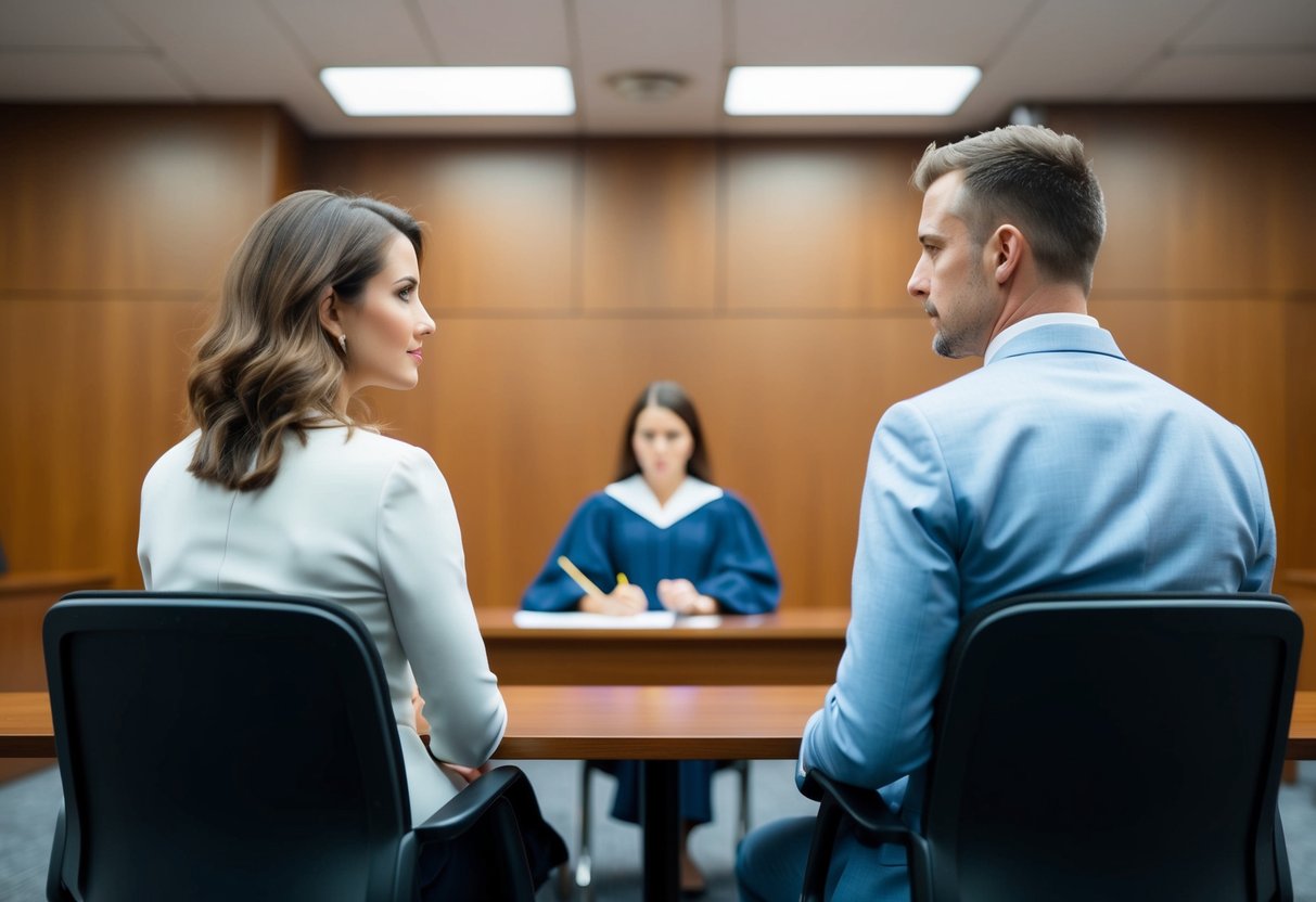A man's wife and his girlfriend are sitting in a courtroom, facing each other with a lawyer in between them