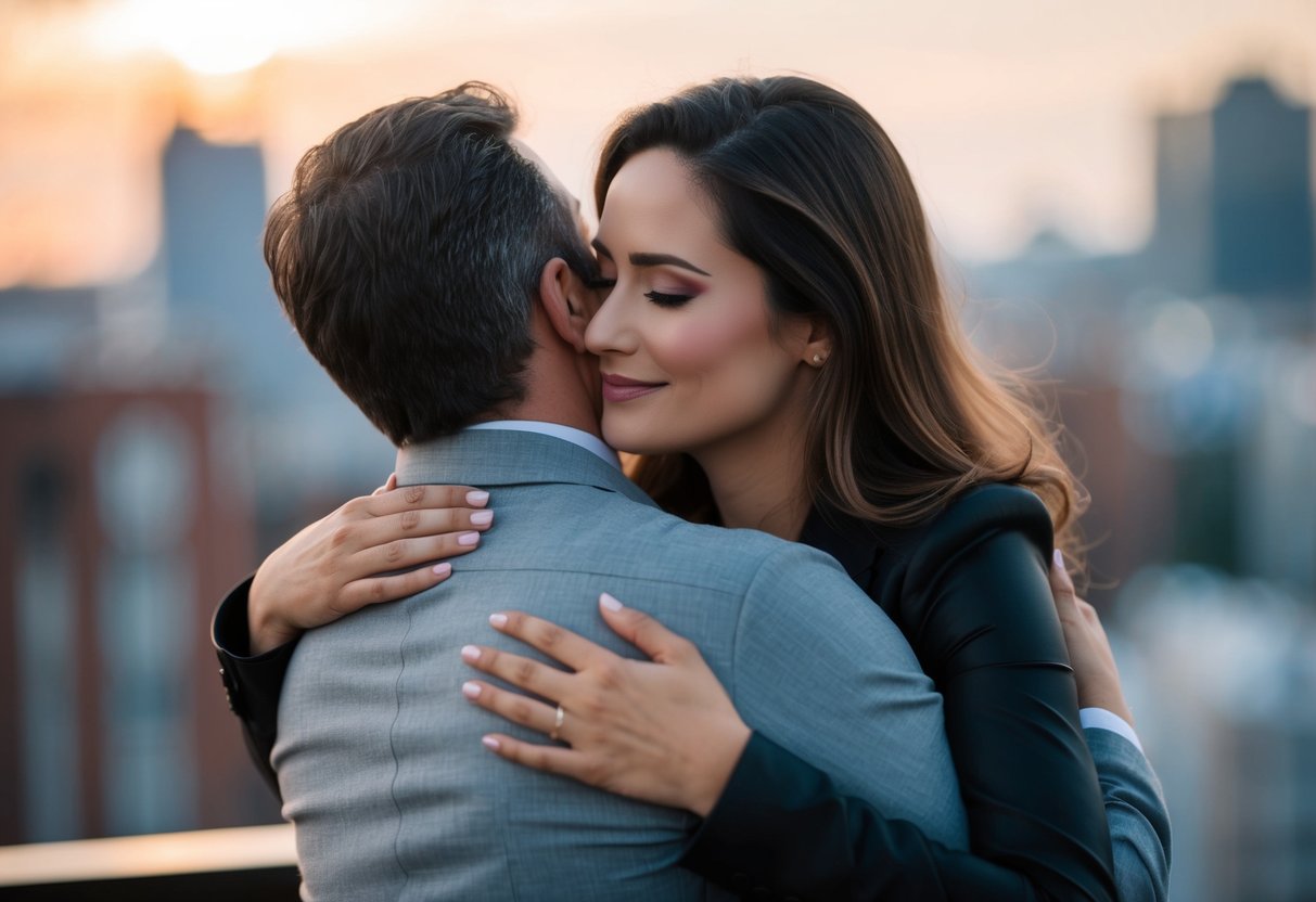 A woman embraces a man, her face reflecting affection and longing