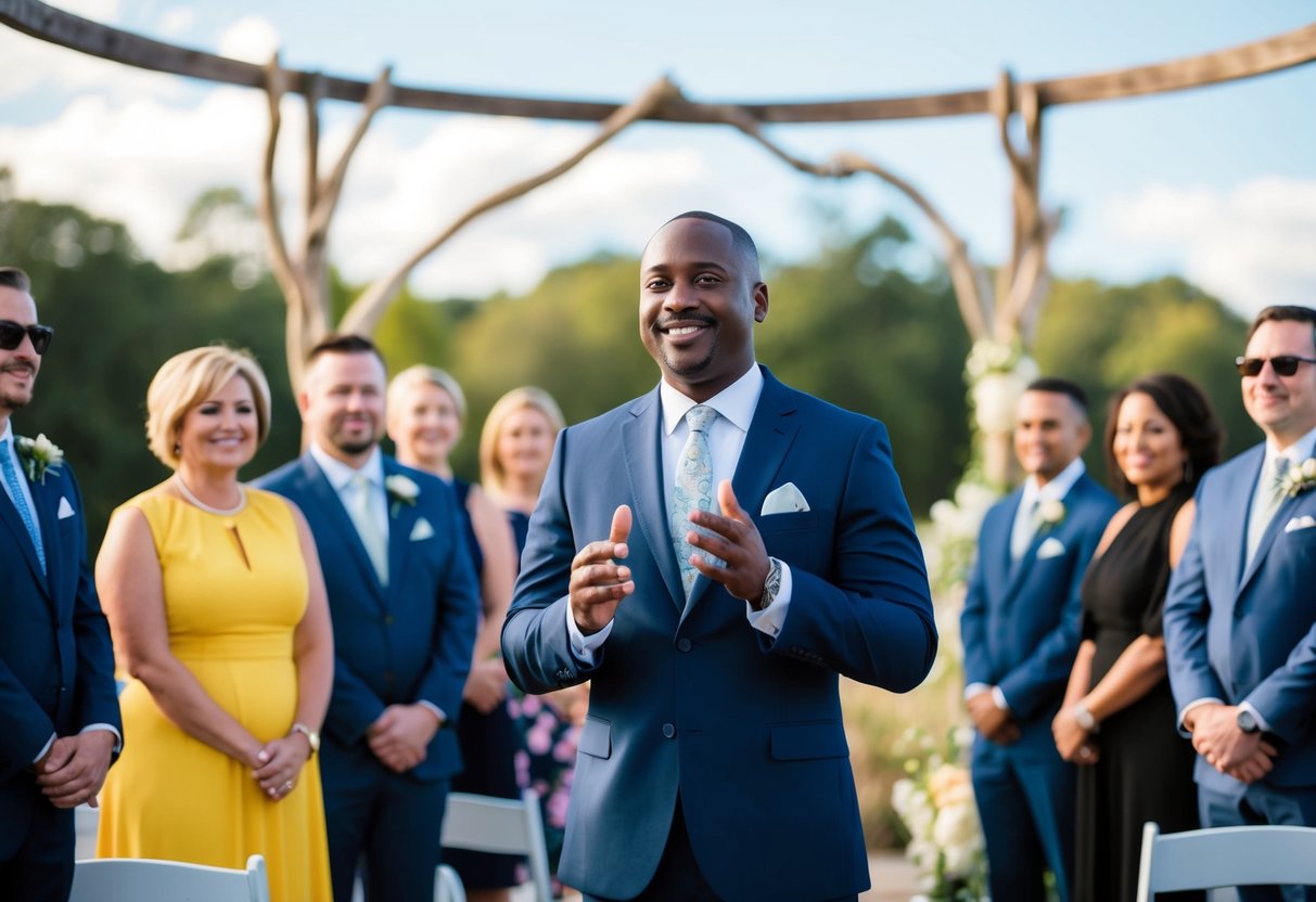 A celebrant standing before a group, leading a ceremony with a confident and authoritative presence