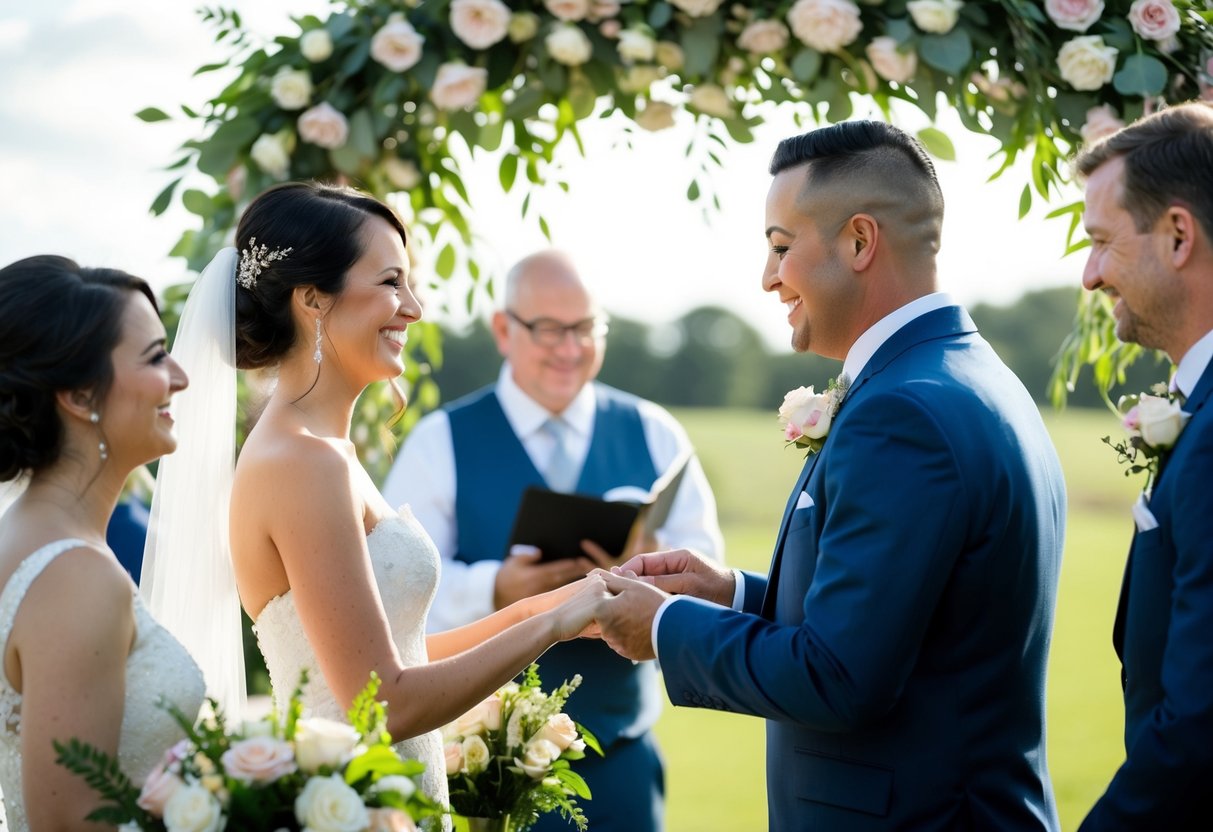 A celebrant conducting a wedding ceremony, surrounded by flowers and a happy couple