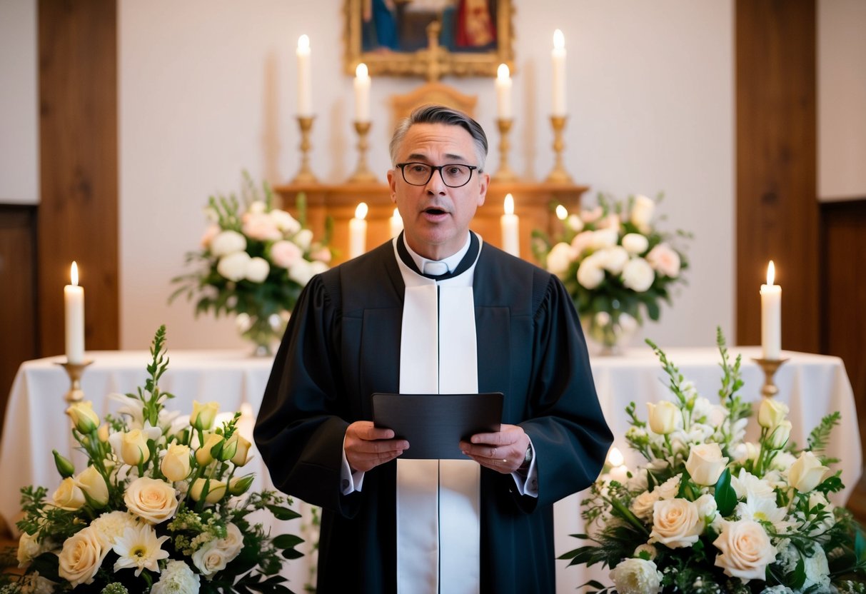 The officiant speaks, surrounded by flowers and candles, before an altar or ceremonial setting