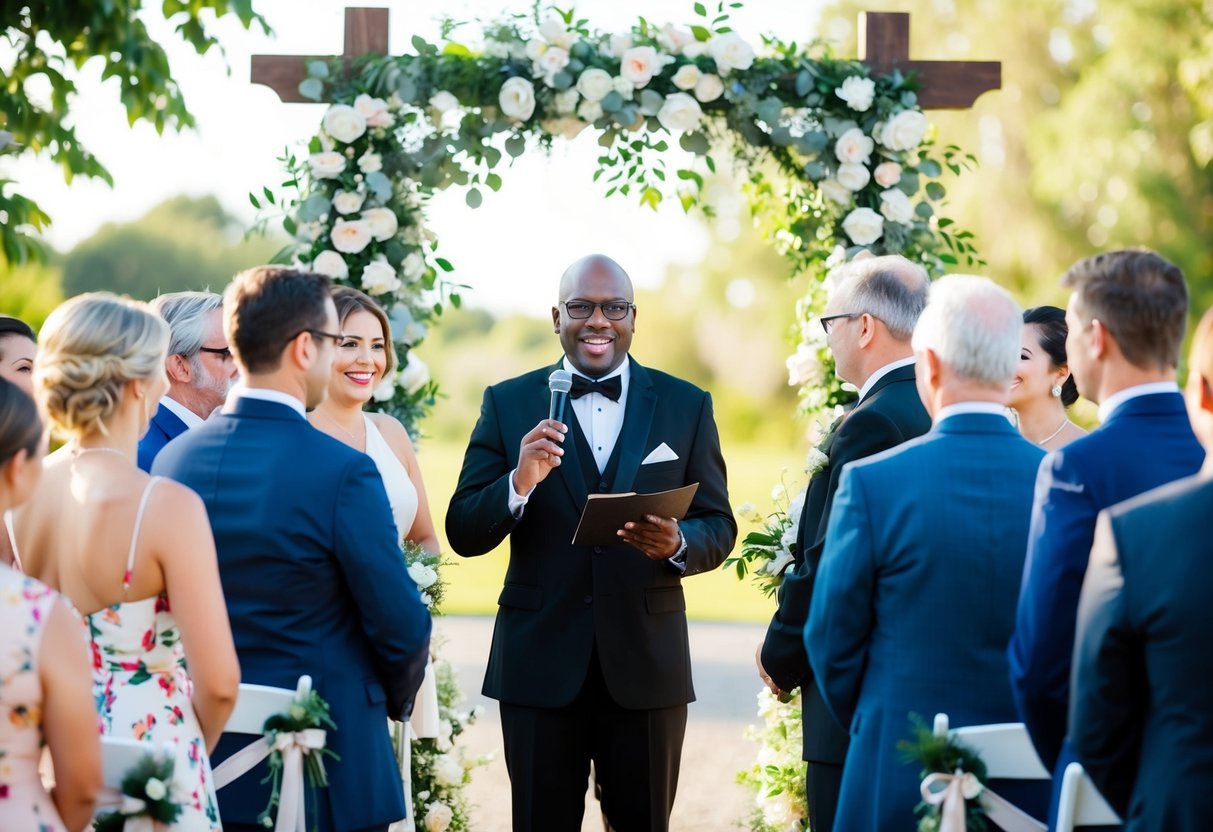 A celebrant conducting a wedding ceremony, surrounded by happy guests and a beautifully decorated outdoor setting