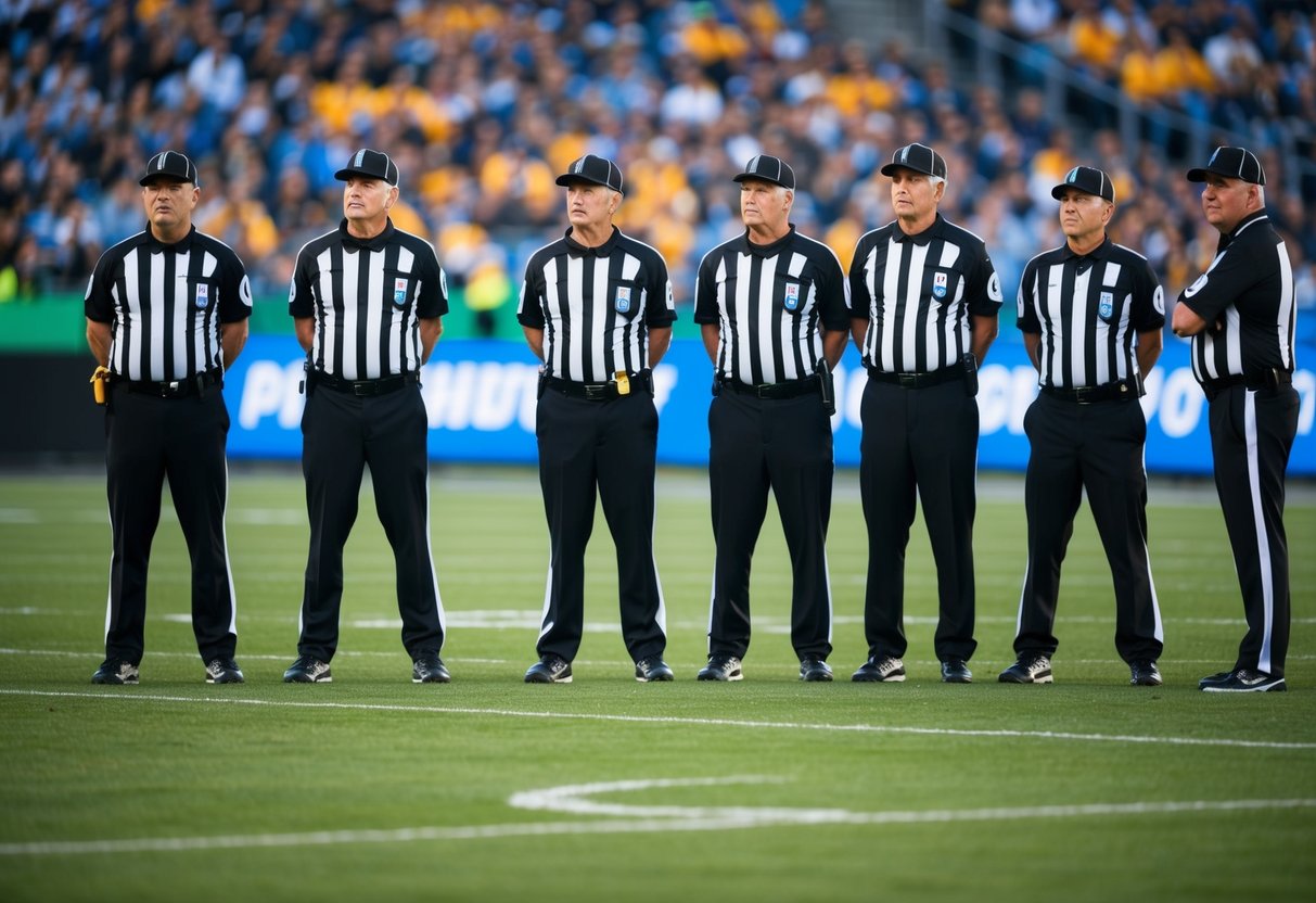 Six officiating officials in a sports field, each in their designated positions, overseeing a game