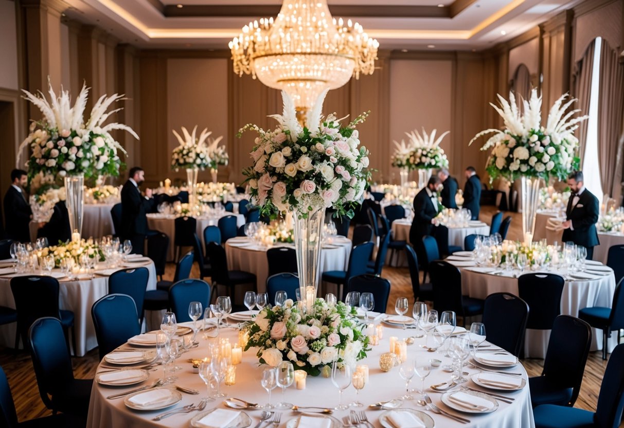 A lavish banquet hall filled with elegant decorations and a grand floral centerpiece. A team of skilled event planners and caterers work diligently to ensure every detail is perfect