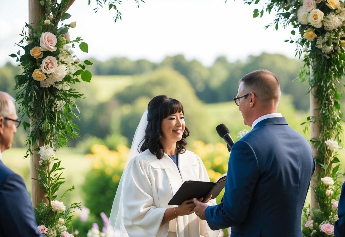 A person officiating a wedding ceremony in a scenic outdoor setting, surrounded by flowers and greenery