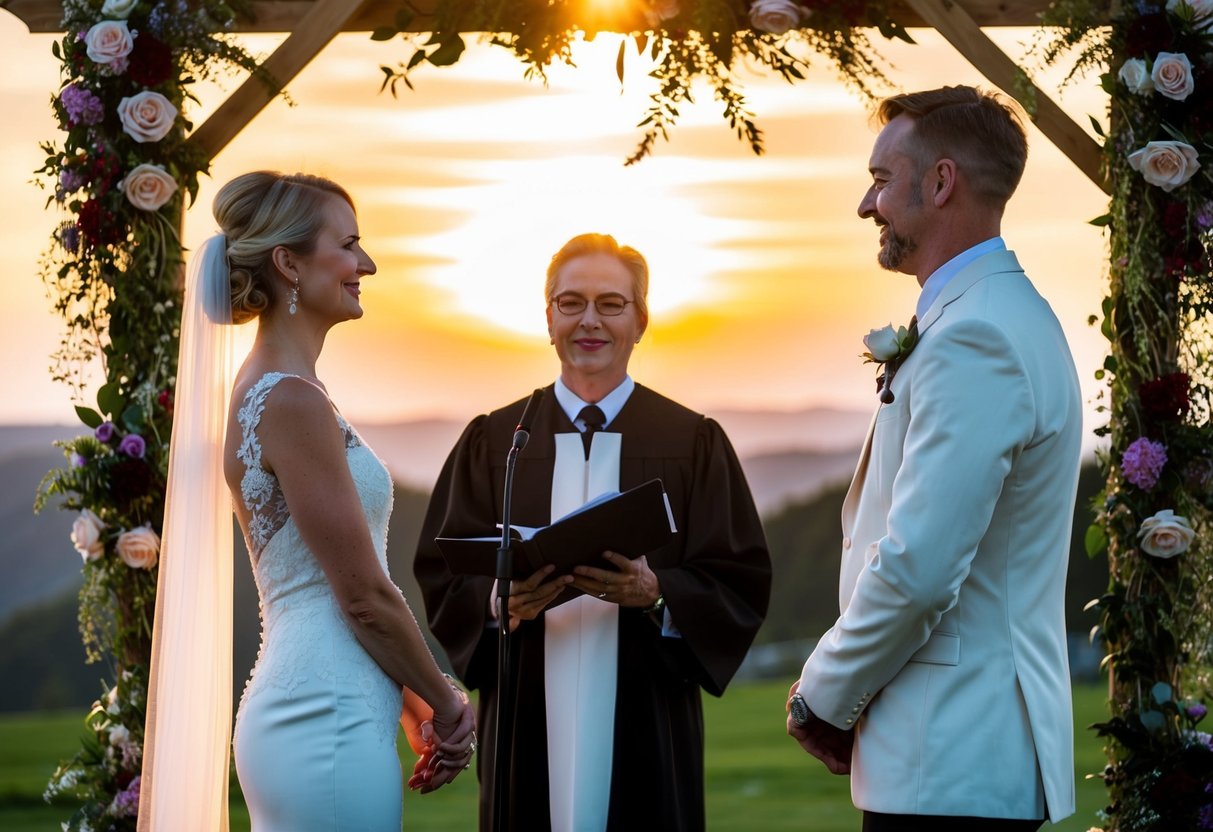 A celebrant officiates a wedding ceremony, standing beneath a flower-covered archway in a scenic outdoor setting. The sun is setting, casting a warm glow over the scene