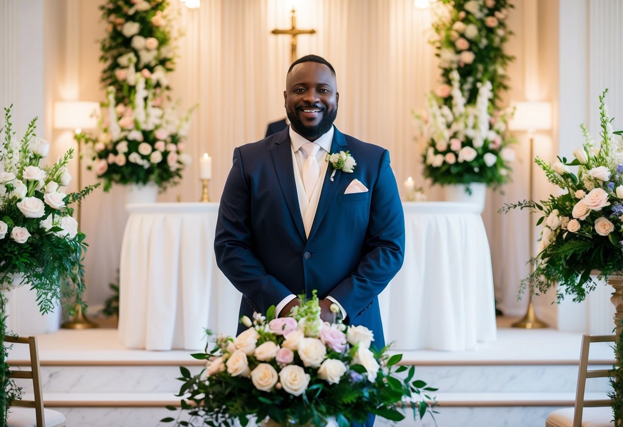 A celebrant stands confidently at a beautifully decorated ceremony space, surrounded by flowers and elegant decor. The setting exudes a sense of sophistication and importance, reflecting the value of their services