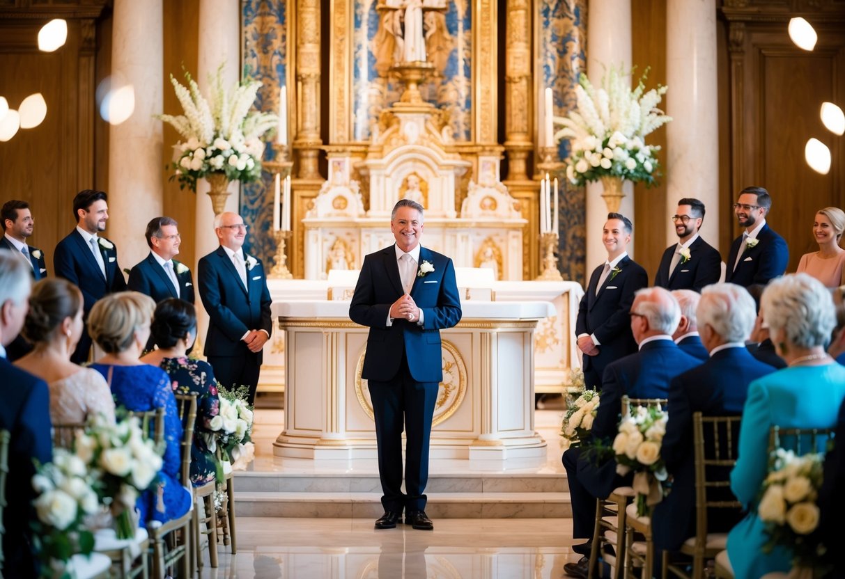 A celebrant standing confidently in front of a grand, ornate altar, surrounded by elegant decor and a captivated audience