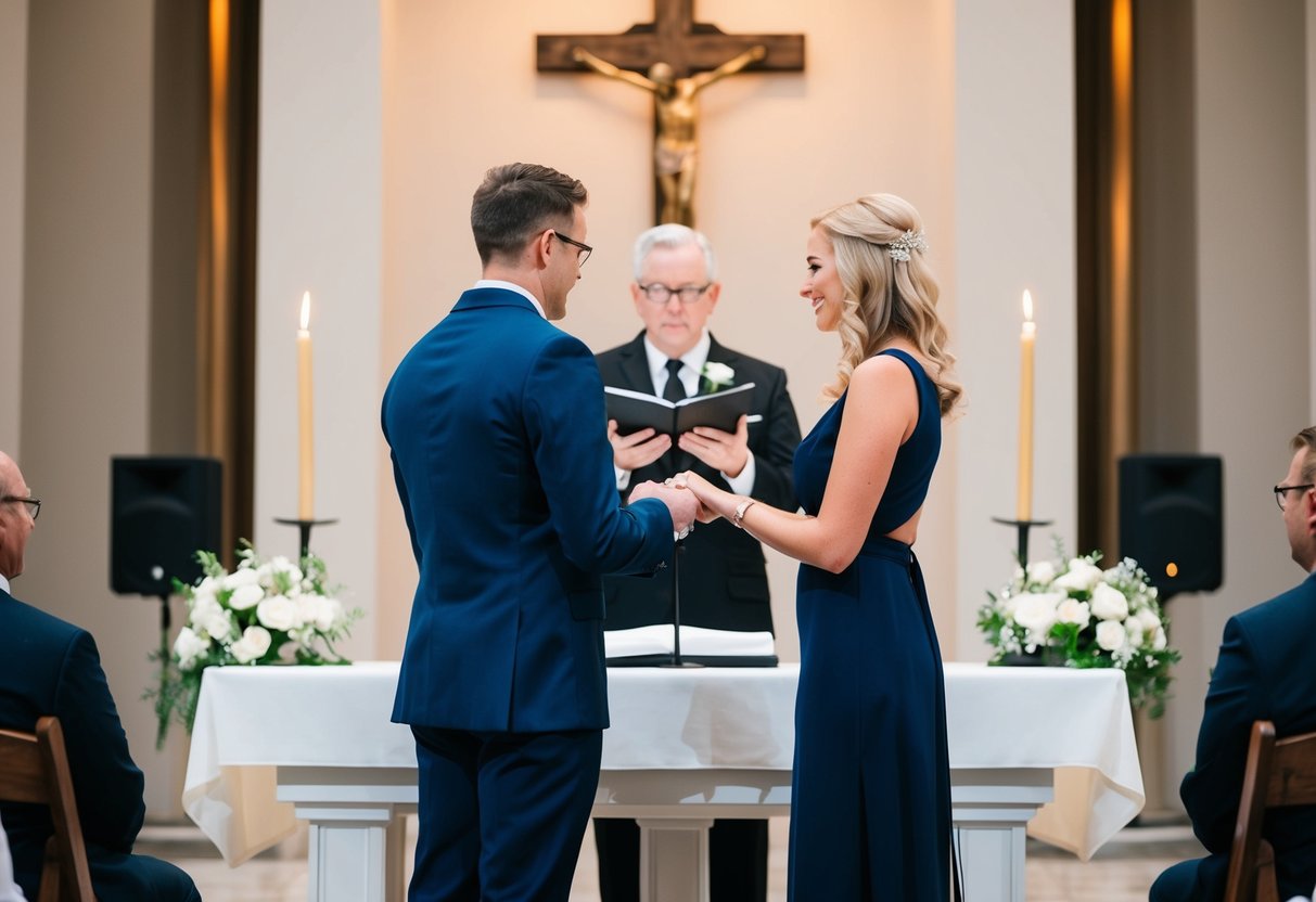 A person standing at an altar, facing a couple. They are performing a ceremony, with the couple exchanging vows