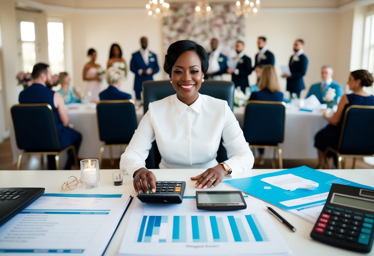 A celebrant sits at a desk surrounded by wedding planning materials, with a calculator and budget spreadsheet in front of them