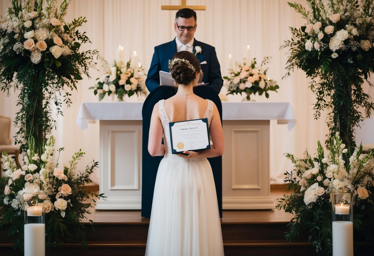 A person standing at a wedding altar, surrounded by flowers and decorative elements, with an official certificate and a book of vows in hand
