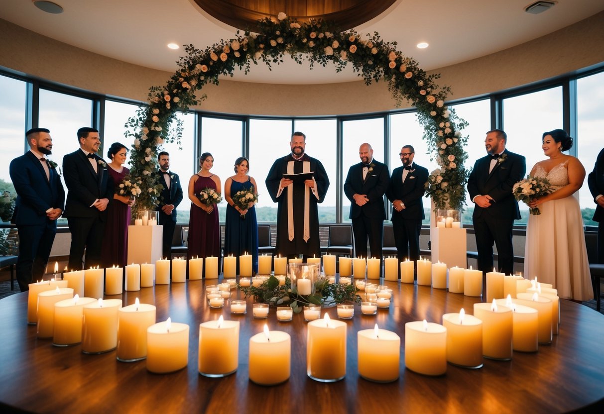 A wedding officiant stands at the center of a circle of candles, surrounded by meaningful objects and symbols representing the couple's unique love story