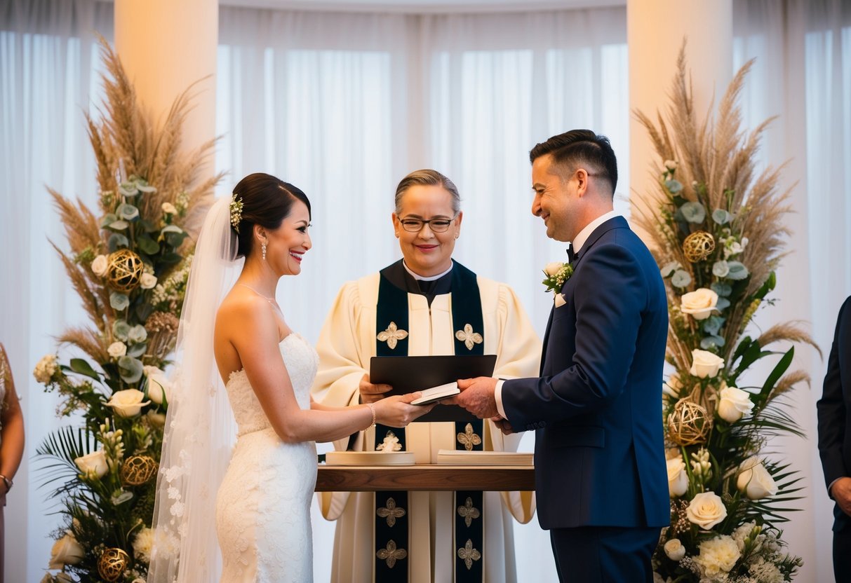 A wedding officiant standing at an altar with a marriage certificate and ceremonial items, surrounded by decorative elements symbolizing love and unity