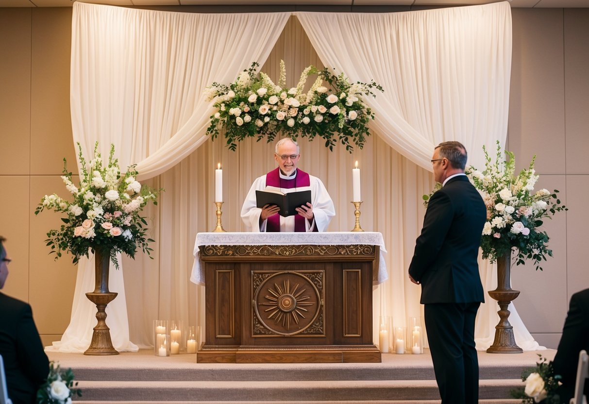 A ceremonial wedding: A decorative altar with flowers, candles, and a draped fabric backdrop. A priest or officiant stands before it, ready to conduct the ceremony