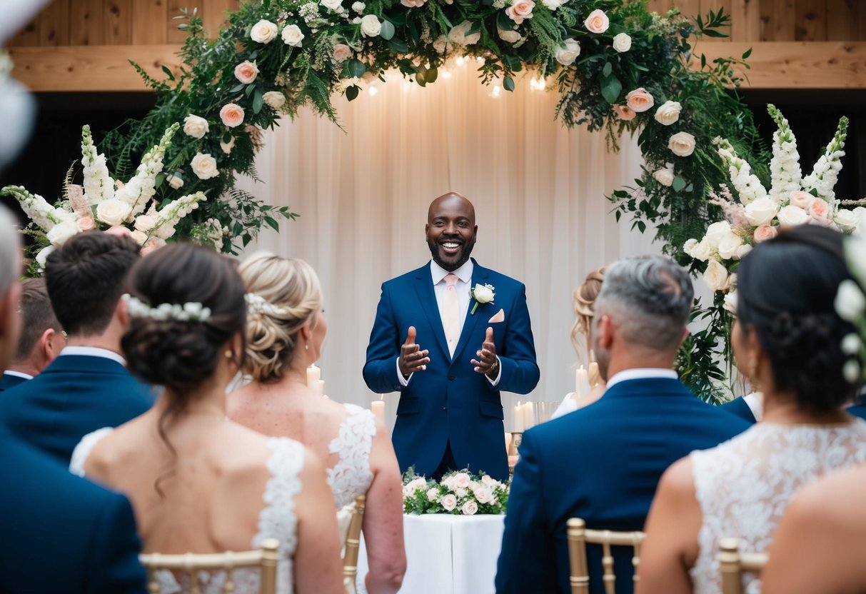 A celebrant stands at the front of a wedding ceremony, surrounded by flowers and decor, speaking to the couple with joy and sincerity
