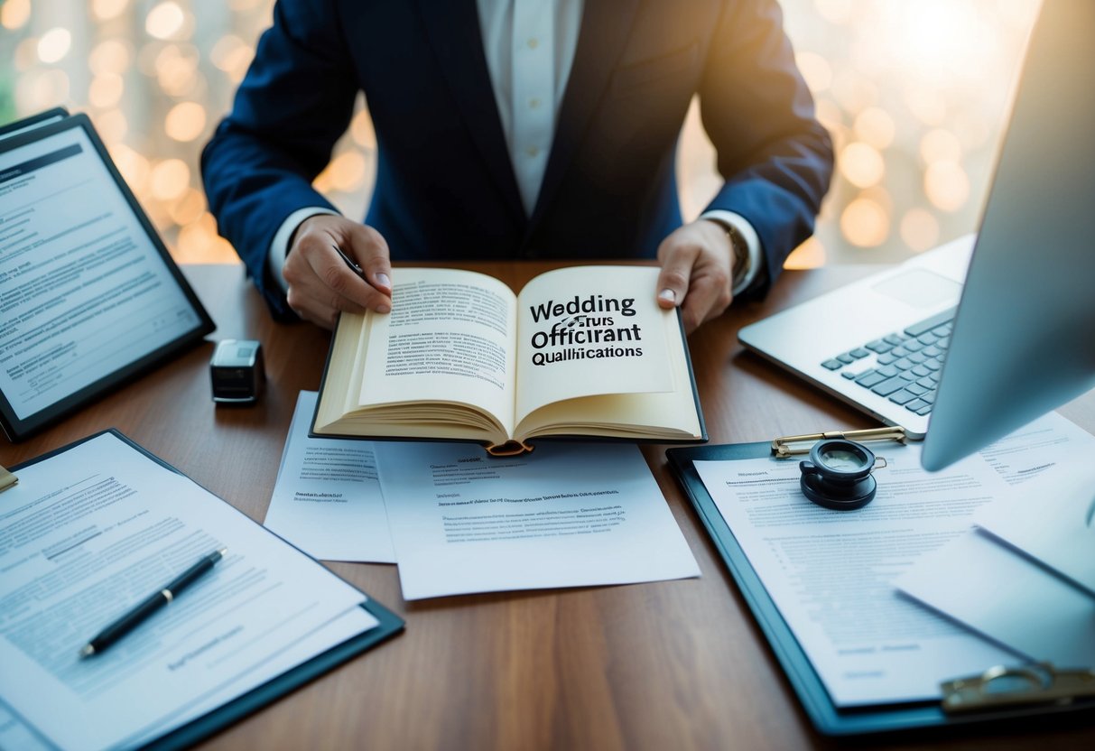 A person studying a book on wedding officiant qualifications, surrounded by legal documents and a computer