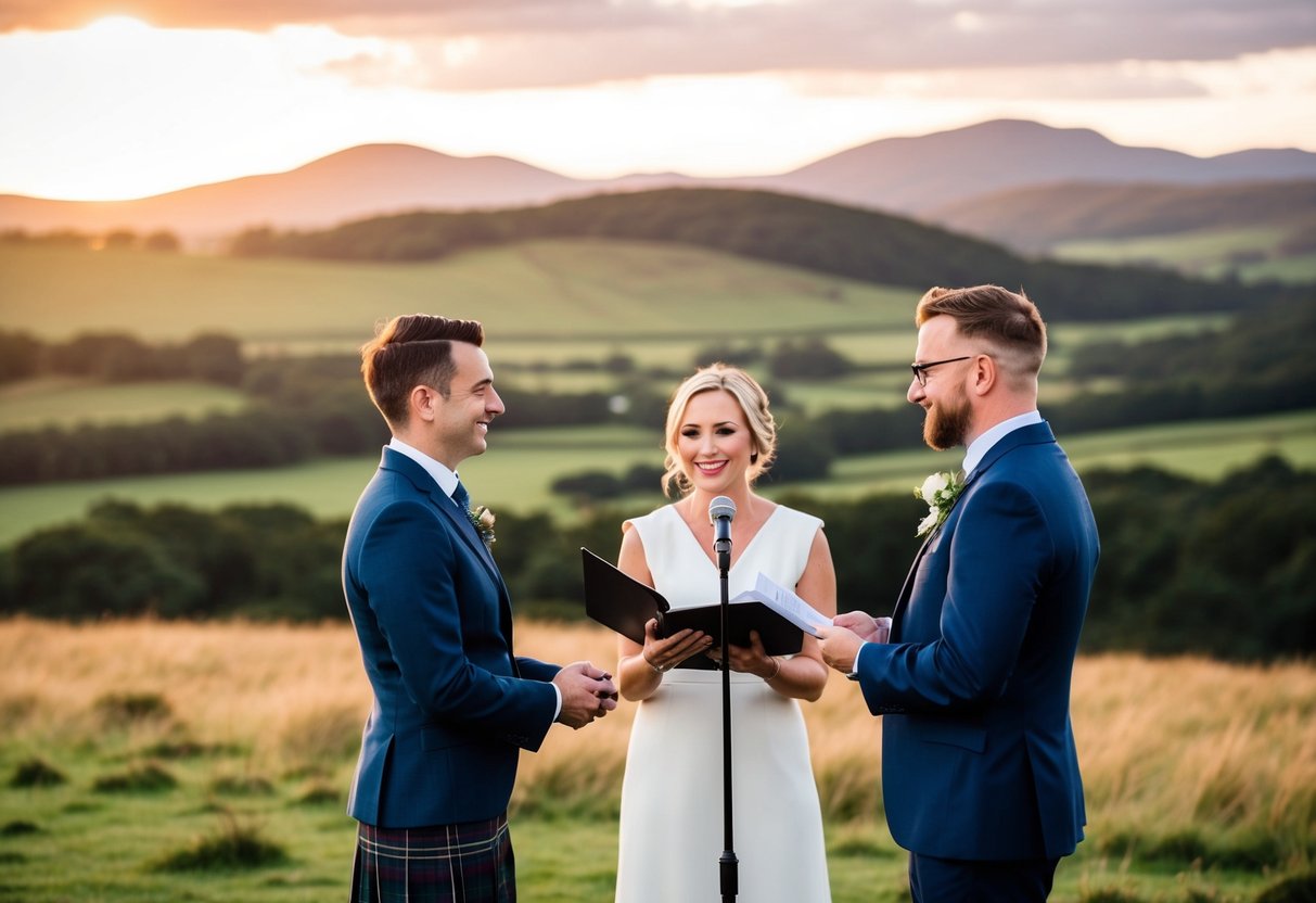 A celebrant stands in front of a picturesque Scottish landscape, conducting a ceremony with a couple. The sun is setting behind rolling hills, casting a warm glow over the scene