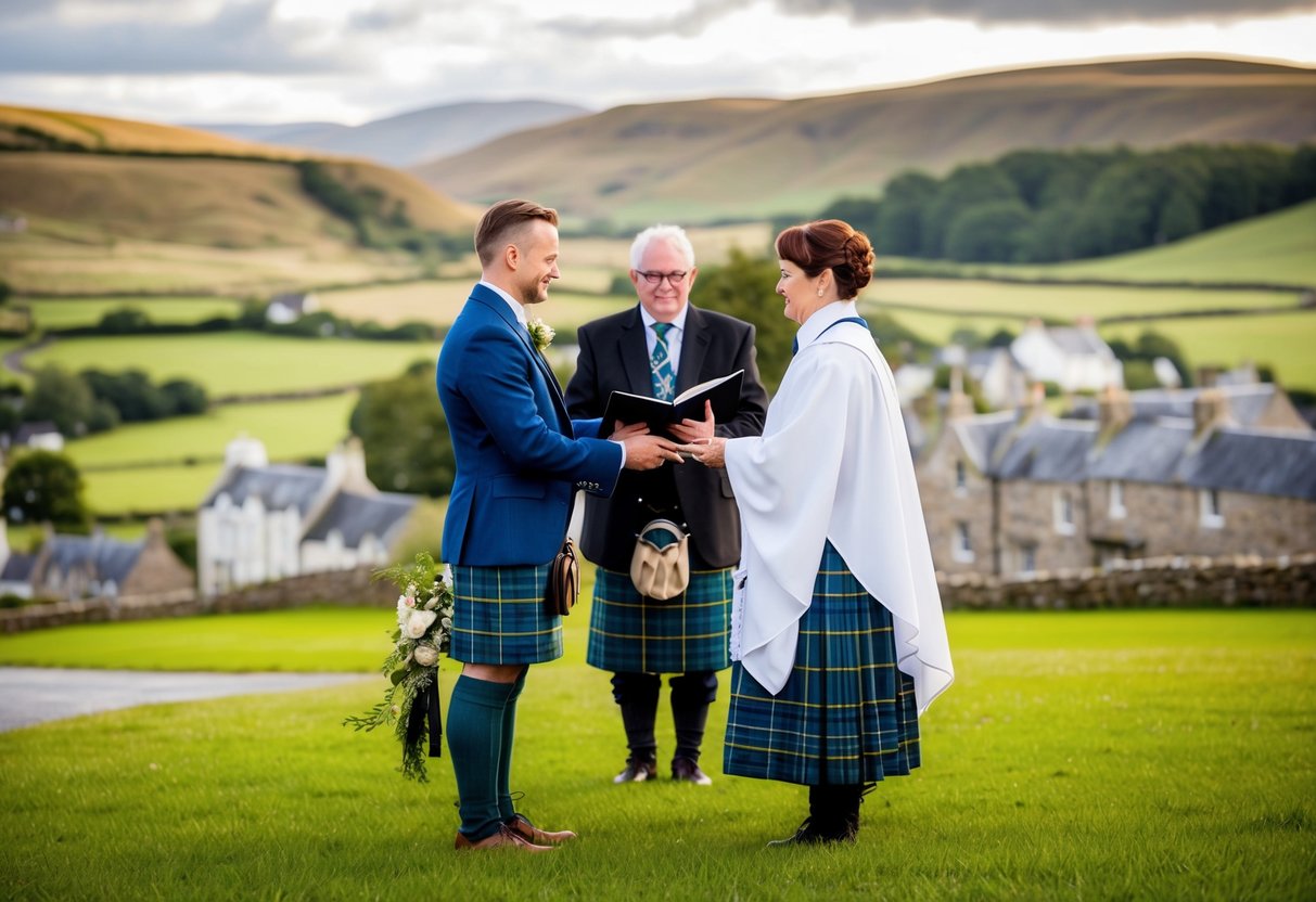A celebrant performing a traditional Scottish ceremony in a picturesque countryside setting, surrounded by rolling hills and a quaint stone-built village