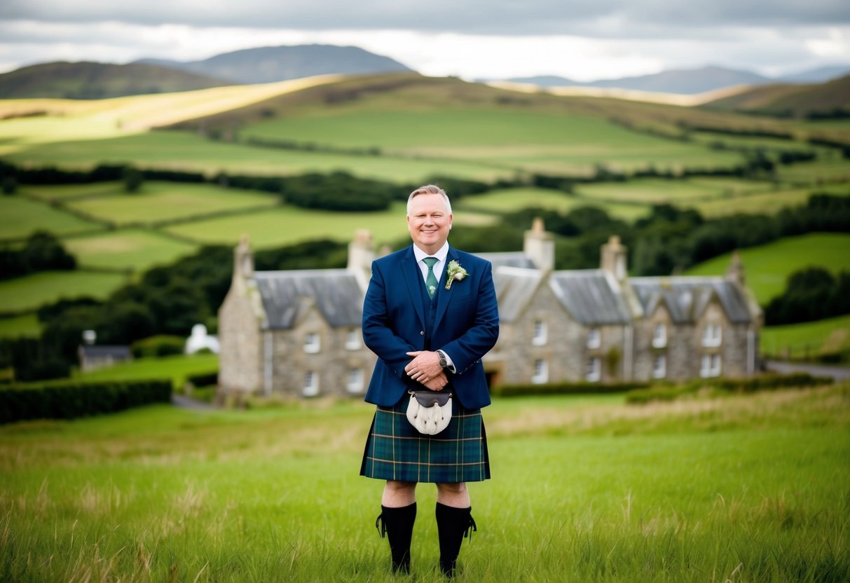 A celebrant stands in front of a picturesque Scottish landscape, with rolling green hills and a quaint stone building in the background